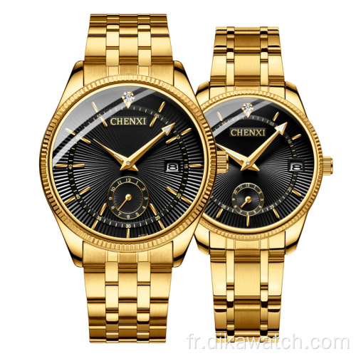 Hot 069 CHENXI All Gold Couple Watch Fashion Simple et beau calendrier Montre à quartz